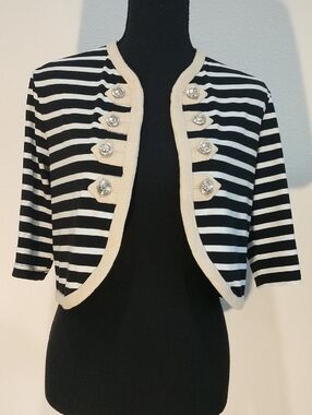 Striped Black & Cream Cropped Naval Cardigan